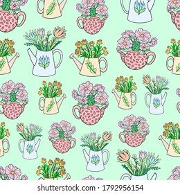 pattern seamless bouquet of flowers in pots for watering vector illustration for children and adults doodle sketch background for gardening suitable for textile packaging wallpaper fabric prints 