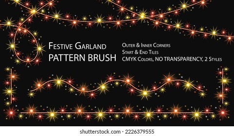 Pattern seamless brush with festive garland like sparkler. Orange adn yellow glowing sparkles, stars on wire strings. Brush with round halftone shapes and brush without it. No transparency