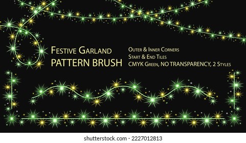 Patrón de cepillo sin costura con garland festivo como chispeante. Brillos brillantes verdes, estrellas en hilos de alambre. Cepillarse con formas redondeadas de semitono y cepillarse sin él. Colores verdes CMYK. Sin transparencia