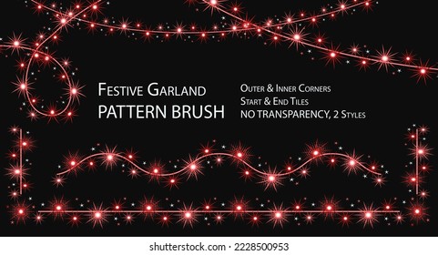 Pattern seamless brush with festive garland like sparkler. Red glowing sparkles, stars on wire strings. Brush with round halftone shapes and brush without it. No transparency