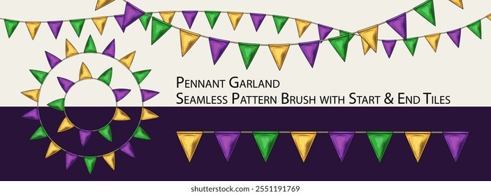 Pattern seamless brush with festive garland with triangular pennants. Triangular flags on string. Traditional Mardi Gras colors. No transparency