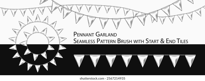 Pattern seamless brush with festive garland with triangular pennants. Triangular flags on string. Black and white design element.