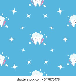 Pattern Seamless Brush Paste Tooth health. Sparkle star. Cute funny cartoon smiling character. Oral dental hygiene. Children teeth care. Baby texture. Flat design. Blue background Vector illustration