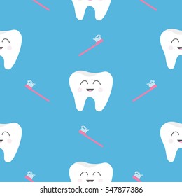 Pattern Seamless Brush Tooth health. Cute funny cartoon smiling character. Oral dental hygiene. Children teeth care. Baby texture. Flat design. Blue background. Vector illustration