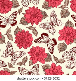 Pattern seamless pattern with butterflies and dahlias. Freehand drawing.