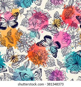 Pattern seamless pattern with butterflies and dahlias. Freehand drawing