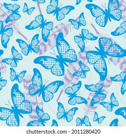 pattern seamless of butterflies nad feathers of different sizes and colors. Design for the textile industry.