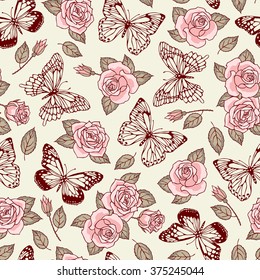 Pattern seamless pattern with butterflies and roses. Freehand drawing.