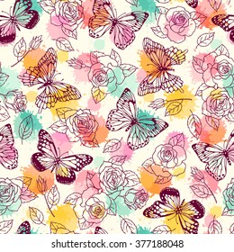 Pattern seamless pattern with butterflies and roses. Freehand drawing.