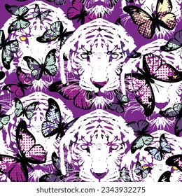 pattern seamless with butterfly print and tiger heads