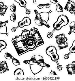 pattern seamless of camera, eyeglasses, guitar, hat in style vintage, retro, engraved. - vector illustrations