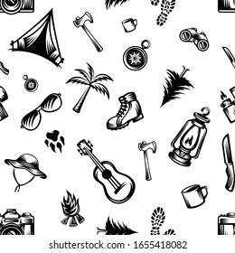 pattern seamless of camera, tent, ax, mug, compass, binoculars, footprints of shoes, footprints, knife, eyeglasses, hat, guitar, pine tree, palm tree, campfire, oil lamp, lighter in style vintage