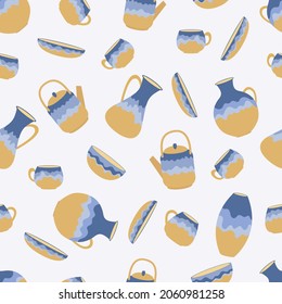 A pattern seamless of ceramic kitchenware for serving  and interior decor. Plates, cups, teapot, jug, vases on a white background