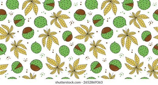 Muster nahtlose Kastanie, Blätter. Kastanienfrucht. Zeichnungen, Doodle. Handgezeichnet. Herbstblatt. Botanisch, Naturhintergrund, Tapete.