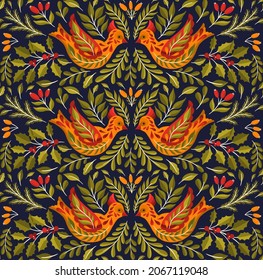 Pattern seamless Christmas 2022 bird animal.Branch leaves elegante xmas design. Vector illustration.