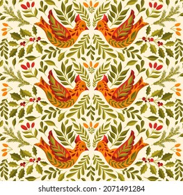 Pattern seamless Christmas 2022 bird animal.Branch leaves elegante xmas design. Vector illustration.