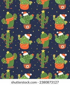 Pattern Seamless Christmas Cactus Cartoon, Festive Western retro hand-drawn style flat design isolated on dark blue background.