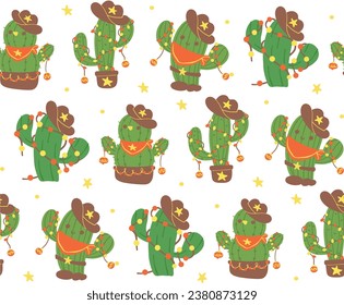 Pattern Seamless Christmas Cactus Cowboy Cartoon, Festive Western retro hand-drawn style flat design isolated on white background.