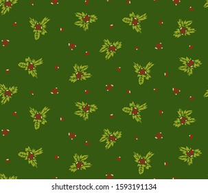 pattern seamless Christmas green vivid color red berry leaf mistletoe Holly plant holiday