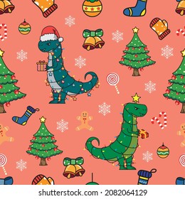 pattern seamless christmas, santa saurus flat design illustration, cute dinosaur design  