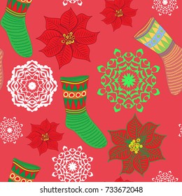 pattern seamless Christmas sock, flower, snowflakes on a red background