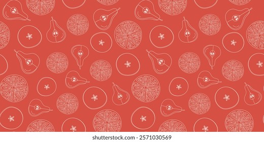 Pattern seamless, citrus, food. Orange, apple, pear, lemon. Fruit slices. Hand drawn line icons. Repeating doodle background.