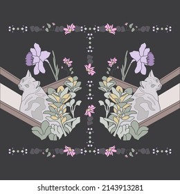 Motif. Motif harmonieux. Joli chat dans le transat avec de jolies fleurs. Couleur gris foncé. Illustration vectorielle .