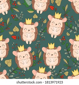 Pattern seamless cute hedgehog and leaves vector illustration childish design print for textile