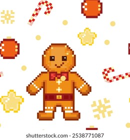 pattern seamless cute  pixel art  gingerbread man ,isolated on white 