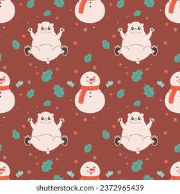 Pattern seamless cute polar white polar bear and snowman, winter, christmas