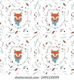 Pattern seamless Cute portrait of a fox in a scarf winter print. Children's illustration cute baby wreath frame.