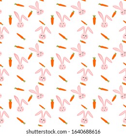 Pattern seamless design of cute bunny and carrot cartoon. pink rabbit print textile seamless on white background. Vector illustration cute animal style. 
