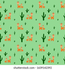 Pattern seamless design of cute giraffe and cactus. Sample print textile seamless on white background. Vector cute animal style. 