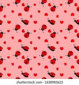 Pattern seamless design of cute ladybug with red heart. Sample print textile seamless on pink background. Vector cute animal style.