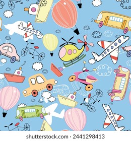 Pattern seamless design with helicopters, airplanes, hot air balloons and children's style cars on a light blue background.