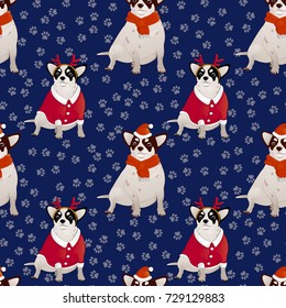 The pattern is seamless with the dog, the New Year's mascot of the 2018 Eastern calendar.Blue background and dog footprints. Chihuahua. In a hat, scarf, Santa's coat. With horns. Vector illustration

