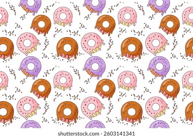 Pattern seamless of donuts with sprinkles and icing. The donuts are in various colors and sizes. Vector flat illustration on white background