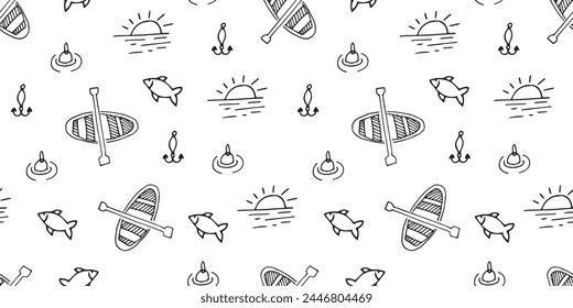 the pattern. seamless pattern. drawing. doodle. camping. trip. textiles. background. black lines. fire. nature. food. barbecue. fishing. a beautiful pattern. seamless.