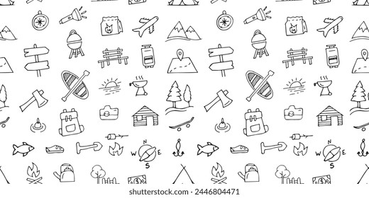 the pattern. seamless pattern. drawing. doodle. camping. trip. textiles. background. black lines. fire. nature. food. barbecue. fishing. a beautiful pattern. seamless.