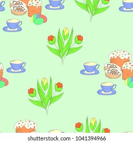 Pattern of seamless Easter cake, cup, eggs, flowers.