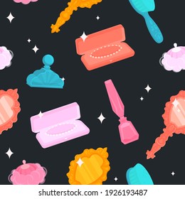 The pattern is seamless. Elements of beauty of the 18-19th century. Hairbrush, perfume, necklace box, mirror and puff. Colorful vector illustration in flat style.