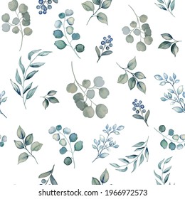 Pattern seamless with eucalyptus and green leaves, Vector hand drawn watercolor style. 