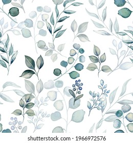 Pattern Seamless With Eucalyptus And Green Leaves, Vector Hand Drawn Watercolor Style. 