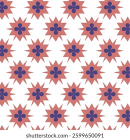 The pattern is a seamless floral design with a geometric arrangement. It features repeated starburst or flower-like shapes with alternating colors, primarily in shades of red, blue, and white. 