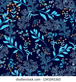 Pattern seamless floral from different branches and berries on a dark blue background.