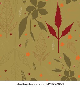 Pattern of seamless floral field plants of the North-West Caucasus bidens, V. Major on the background of khaki. Flora background red, green, gray foliage, flowers. Background of small orange flowers.