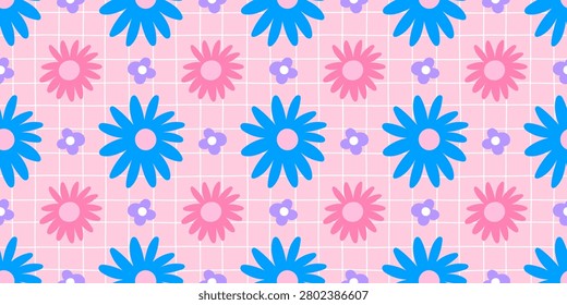 Pattern seamless floral with kid background cute for flower daisy style. Kawaii chamomile heart with pink bg botanical for doodle wallpaper checkered. Vector texture valentines with small.