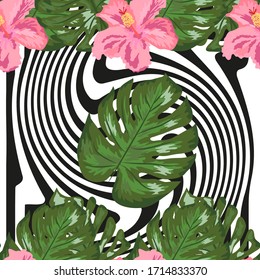 Pattern seamless floral on geometric background. Print summer exotic jungle plant tropical palm leaves and flower red hibiscus. Nature wallpaper.