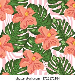 Patrón floral sin fisuras sobre fondo geométrico. Imprima verano hojas de palma tropicales de selva exótica y hibiscos rojos florales. Papel de la naturaleza.