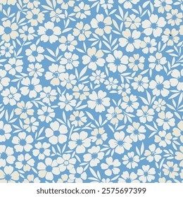 Pattern of seamless flowers pattern. Abstract origami flowers on bluebackground, A lot of different flowers on the field. Trendy floral design. 